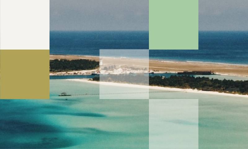 landscape image of St. George island superimposed with grid of brand color palette