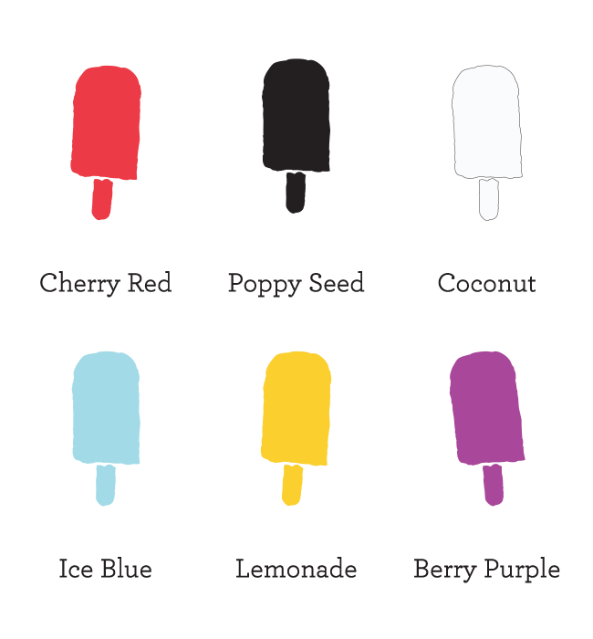 color palette of popsicles in a grid in Cherry Red, Poppy Seed, Coconut, Ice Blue, Lemonade and Berry Purple