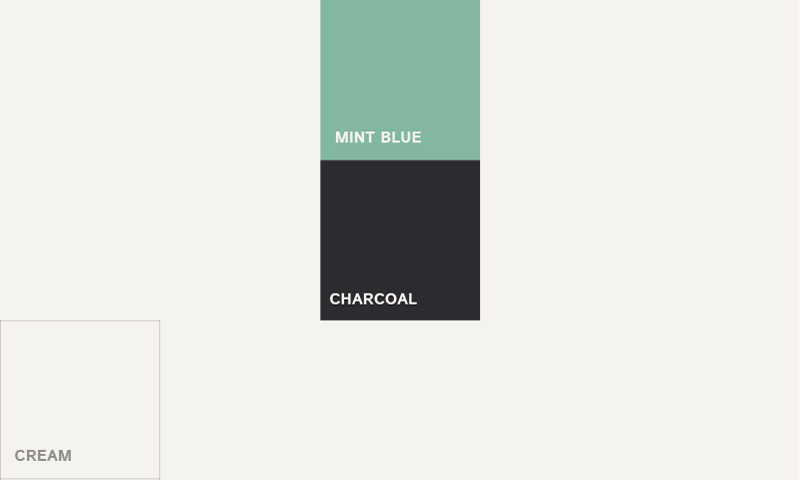 color palette blocks with the words Mint Blue, Charcoal, and Cream